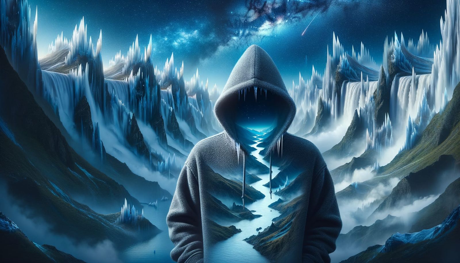Mysterious Hooded Figure in Surreal Waterfall Landscape