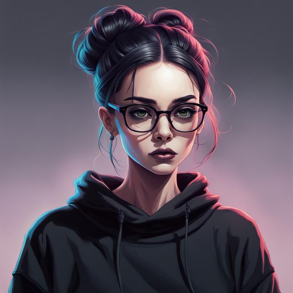 Vibrant Gothic Woman Illustration with Reading Glasses