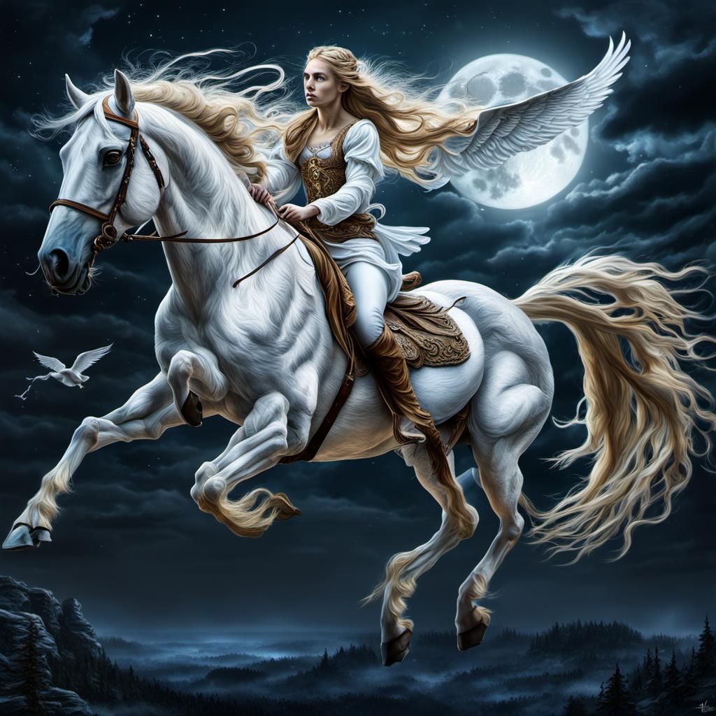 Girl on Pegasus in Moonlight: Hyperrealistic Action Painting