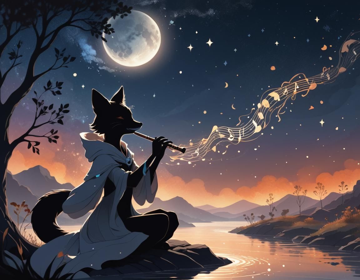 Silhouette Fox Plays Flute by Moonlit River
