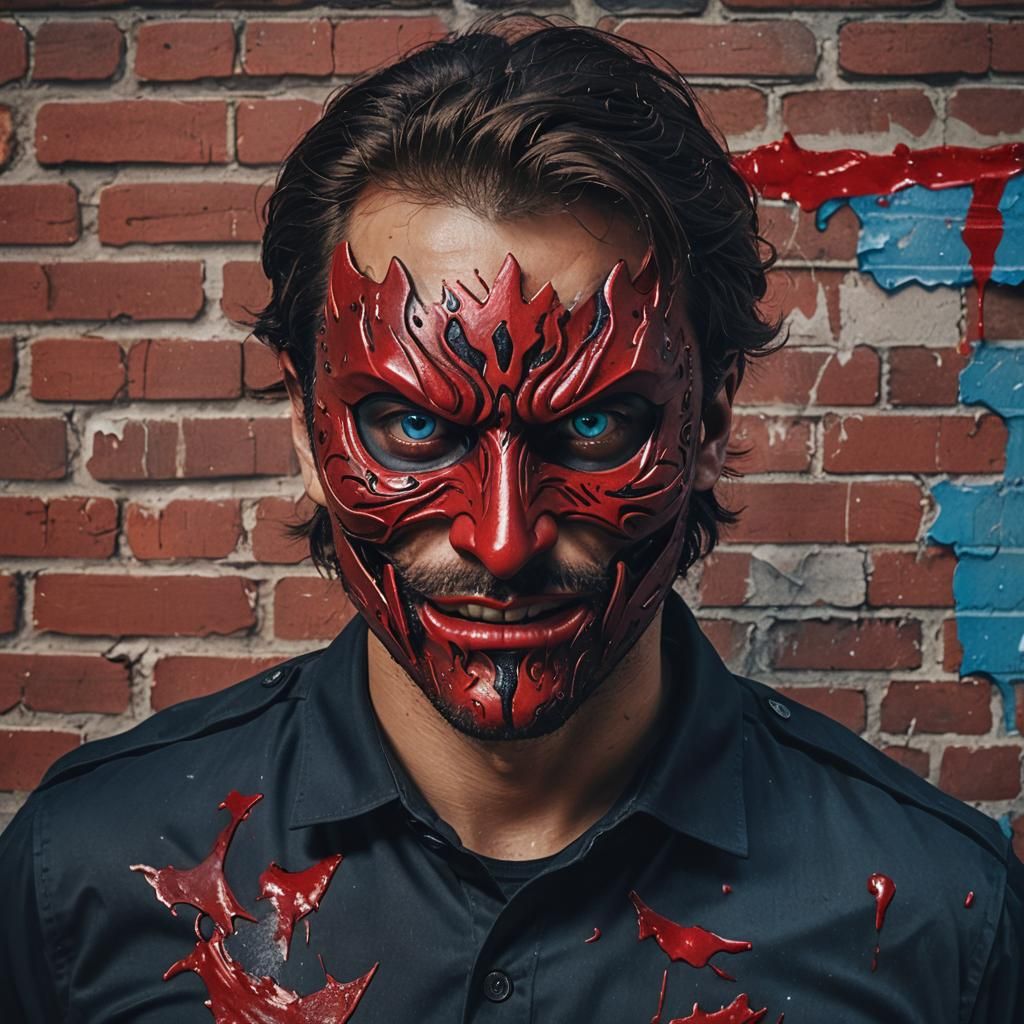 Man with Devil Mask in Blue and Red Light