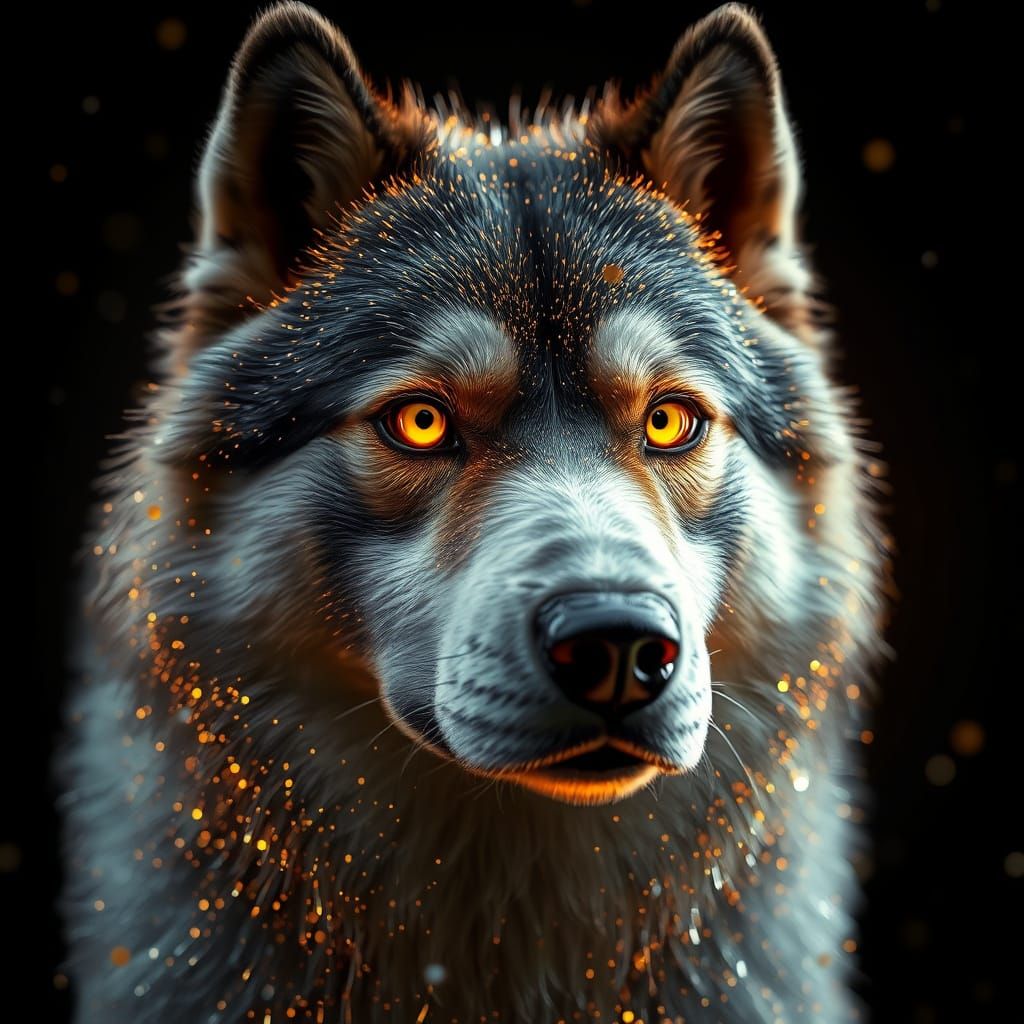 Cybernetic Wolf in Metallic Fur with Amber Eyes