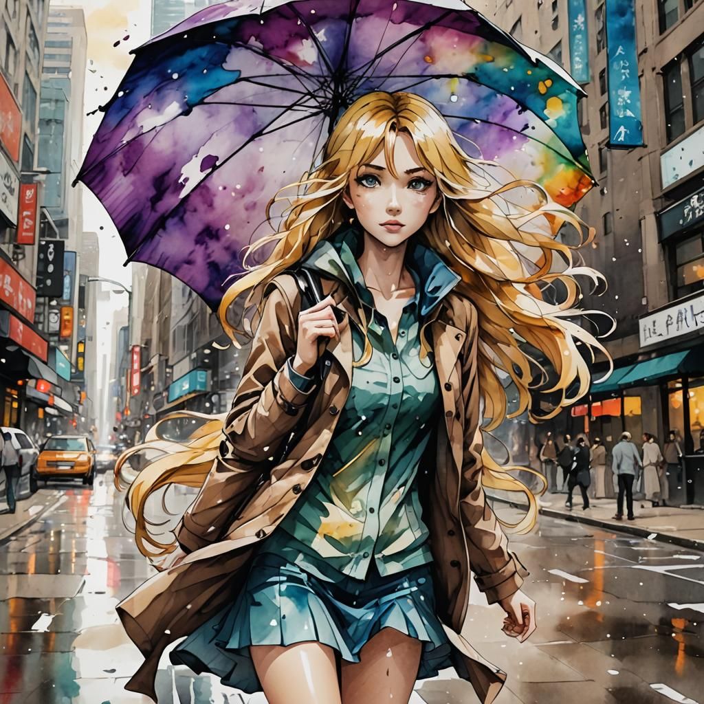 Anime Girl Fights Wind on City Street