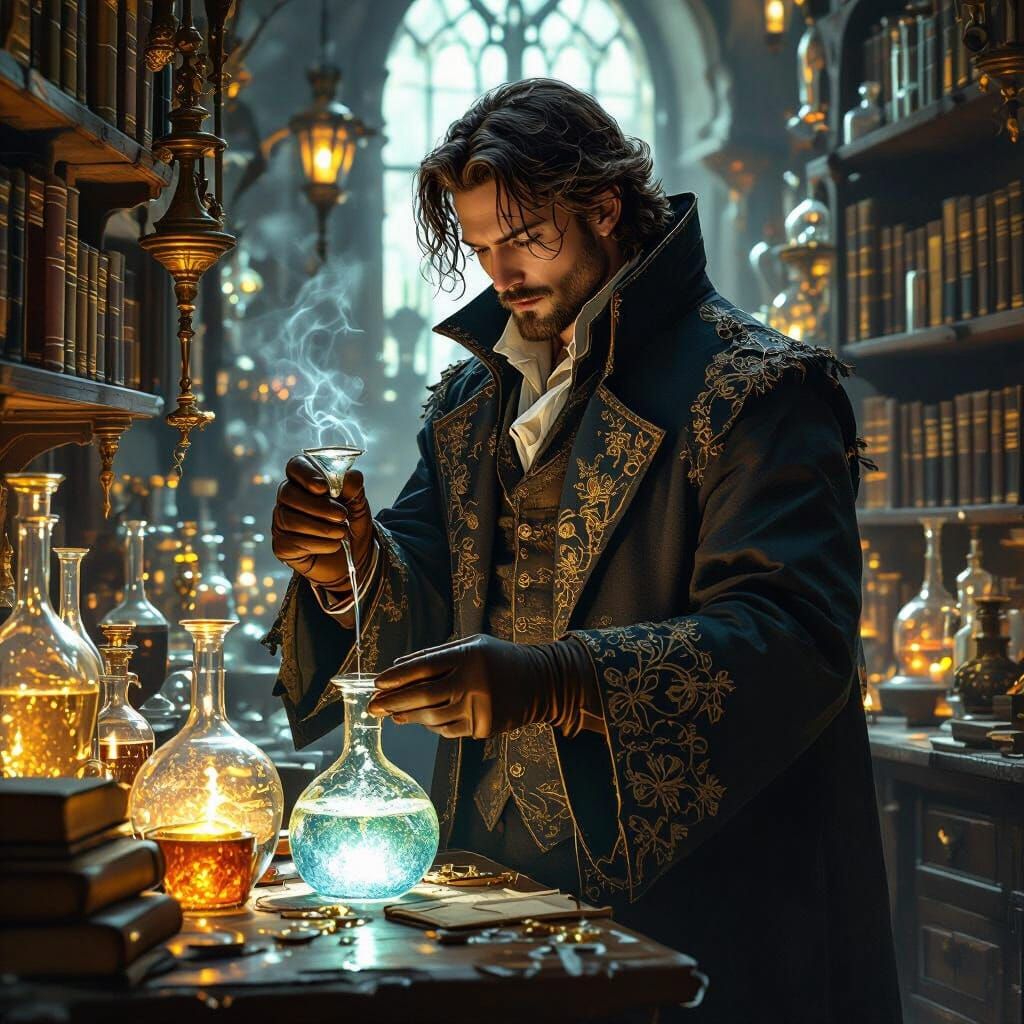 Alchemist in Candlelit Laboratory, Art Nouveau Style