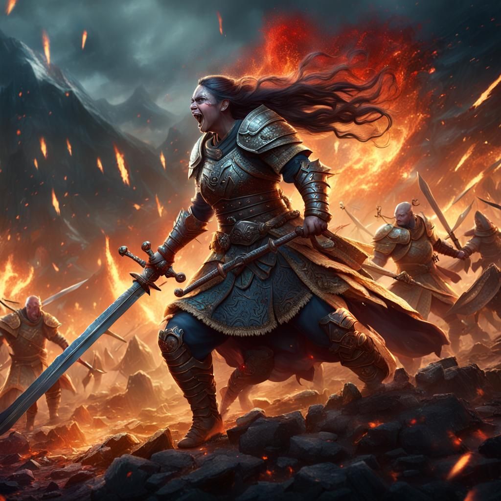 Cheerful Woman Warrior Battles Demons in Fantasy Art