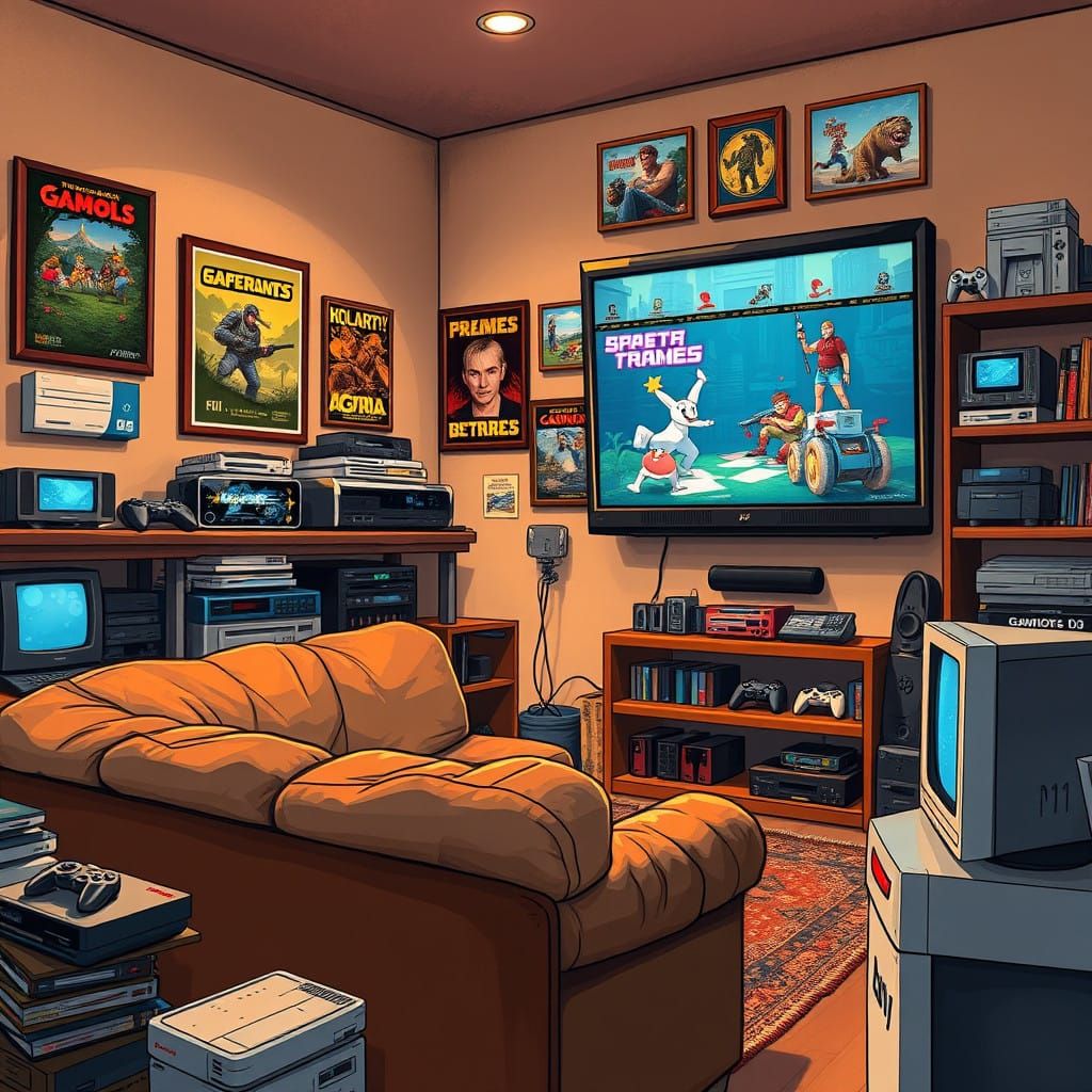 Gaming Room Sanctuary in Warm, Nostalgic Illustration Style