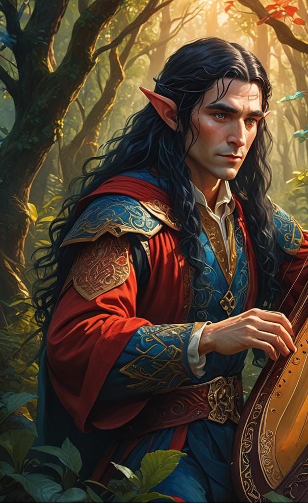 young male elf with very long black hair and blue eyes and s...