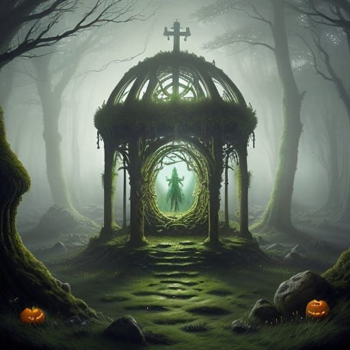 Glowing Carved Pumpkins on Altar in Enchanted Forest