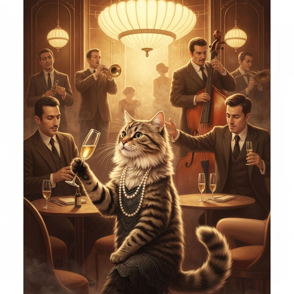 Flapper Cat Sipping Champagne in Roaring Twenties Speakeasy