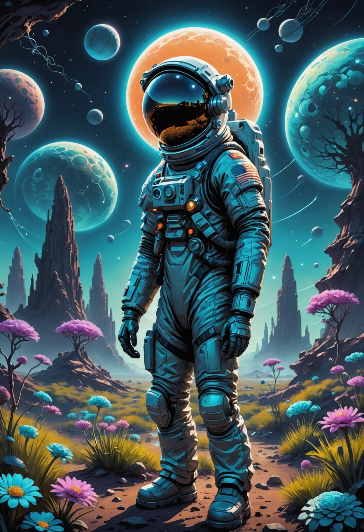 Astronaut Tends Alien Garden Under Twin Moons