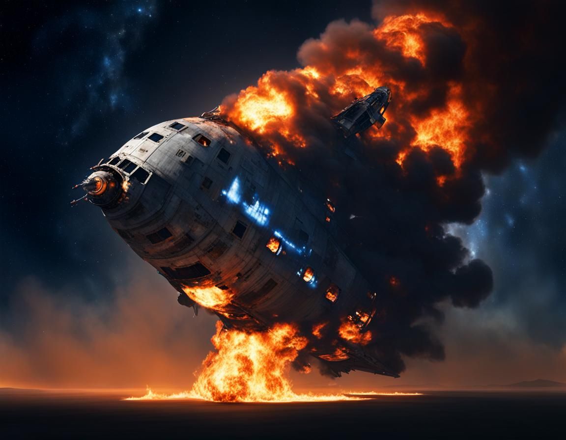 Fiery Descent: Damaged Spaceship Re-entering Atmosphere