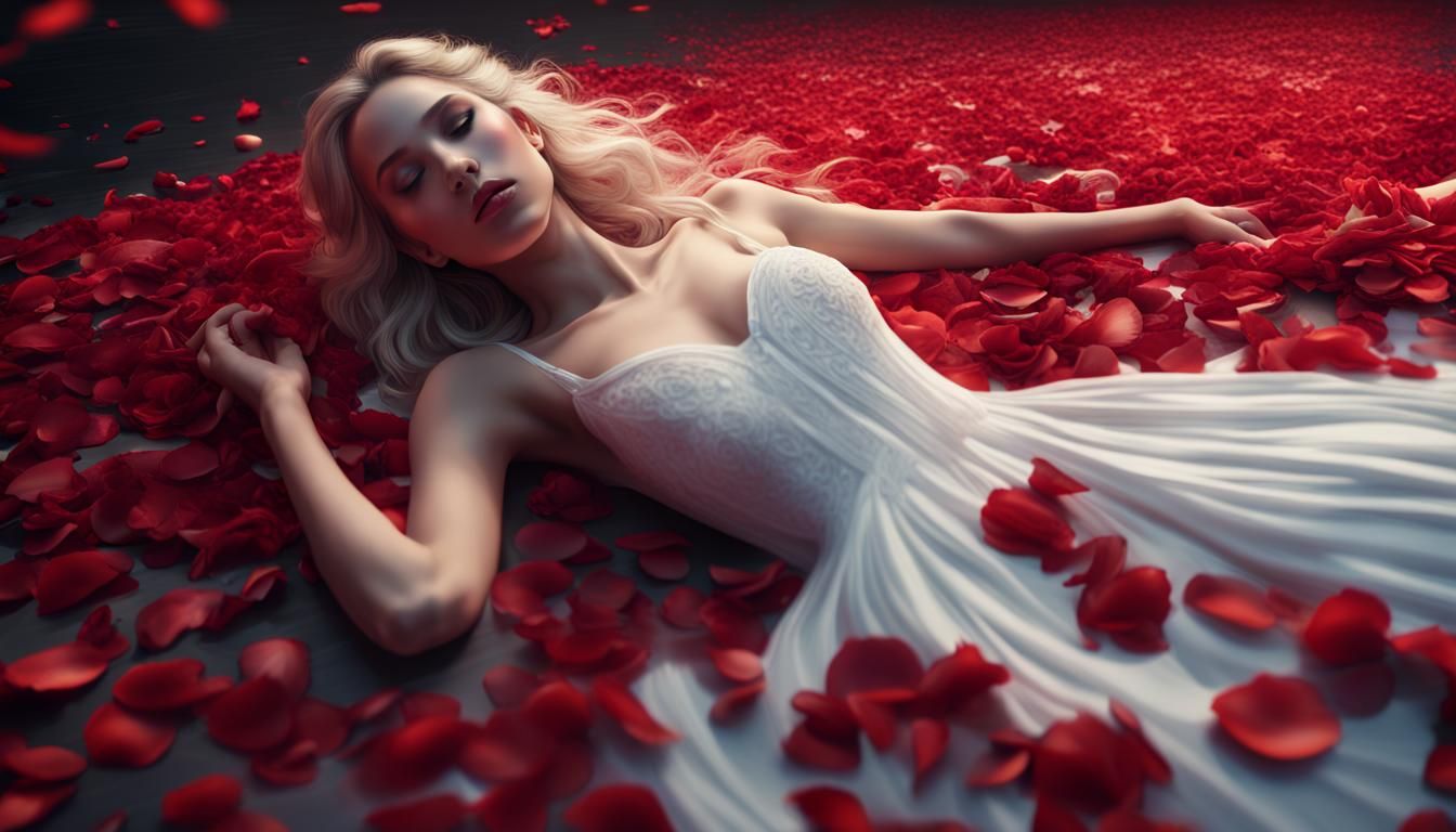 Girl in White Dress on Rose Petals: Fantasy Art