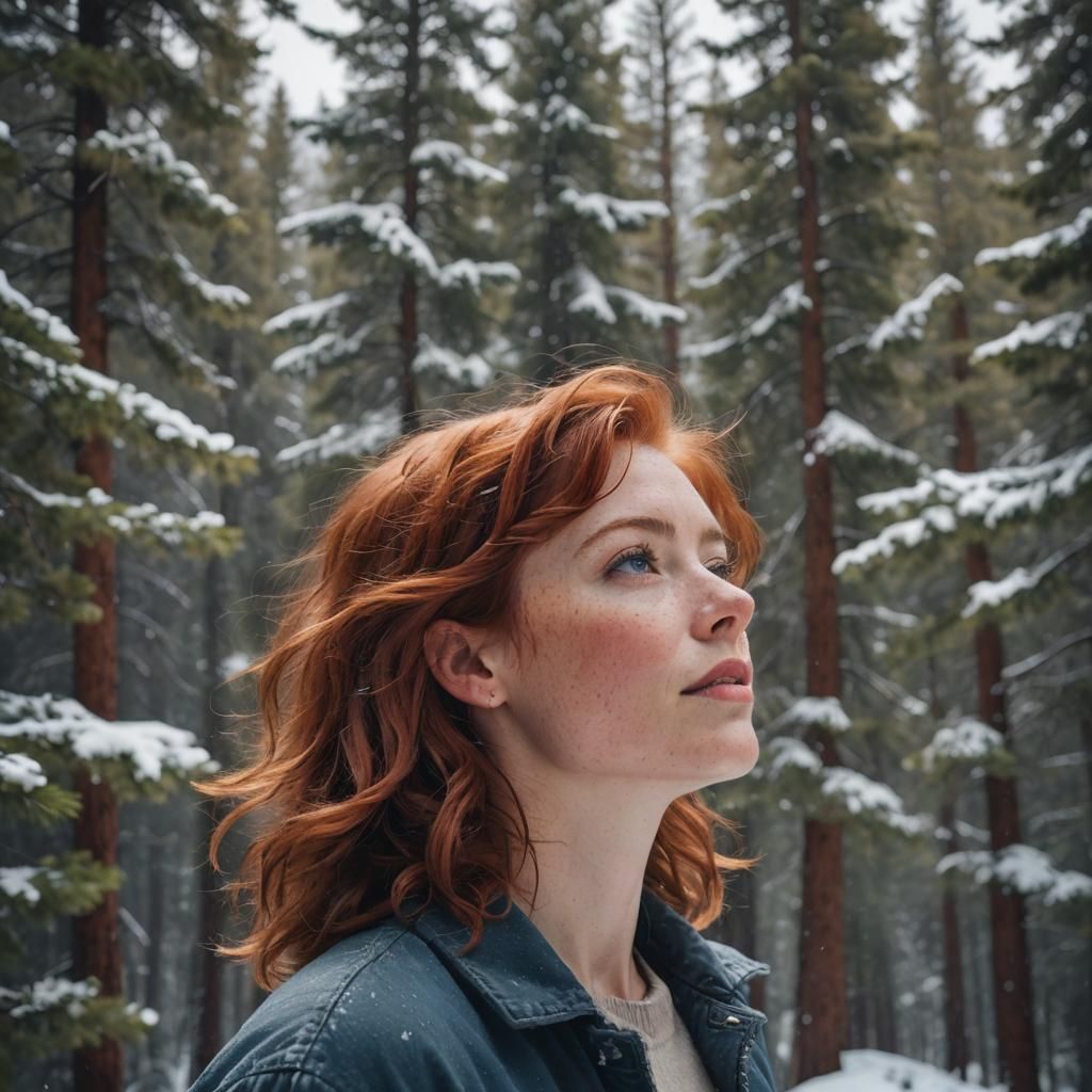 Beautiful Woman Gazing at Snowy Mountains