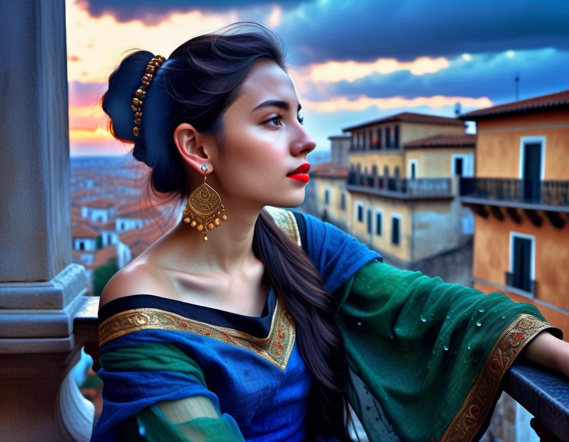 Woman with Lute on Balcony at Sunrise