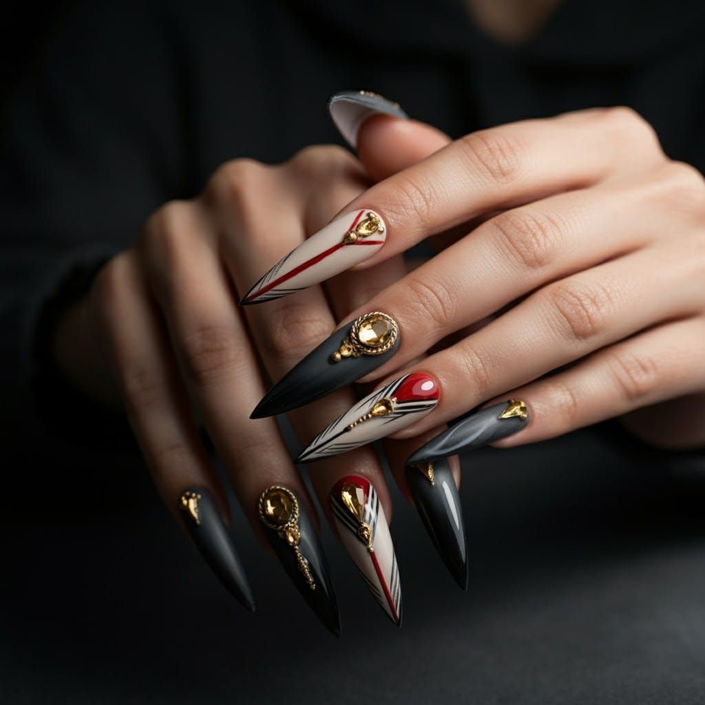 Edgy Stiletto Nail Art in Art Deco Style