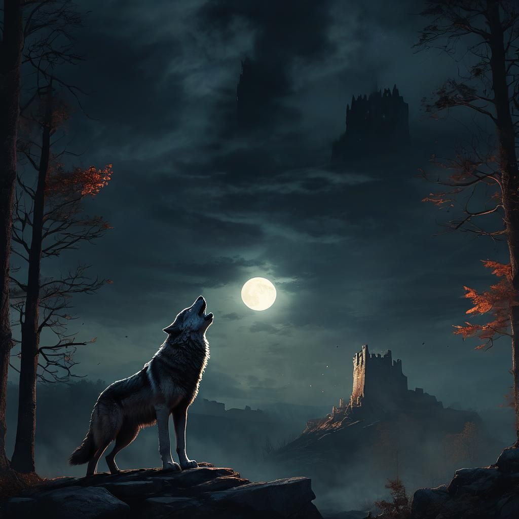 Wolf Howling at Moon on Ancient Ruins