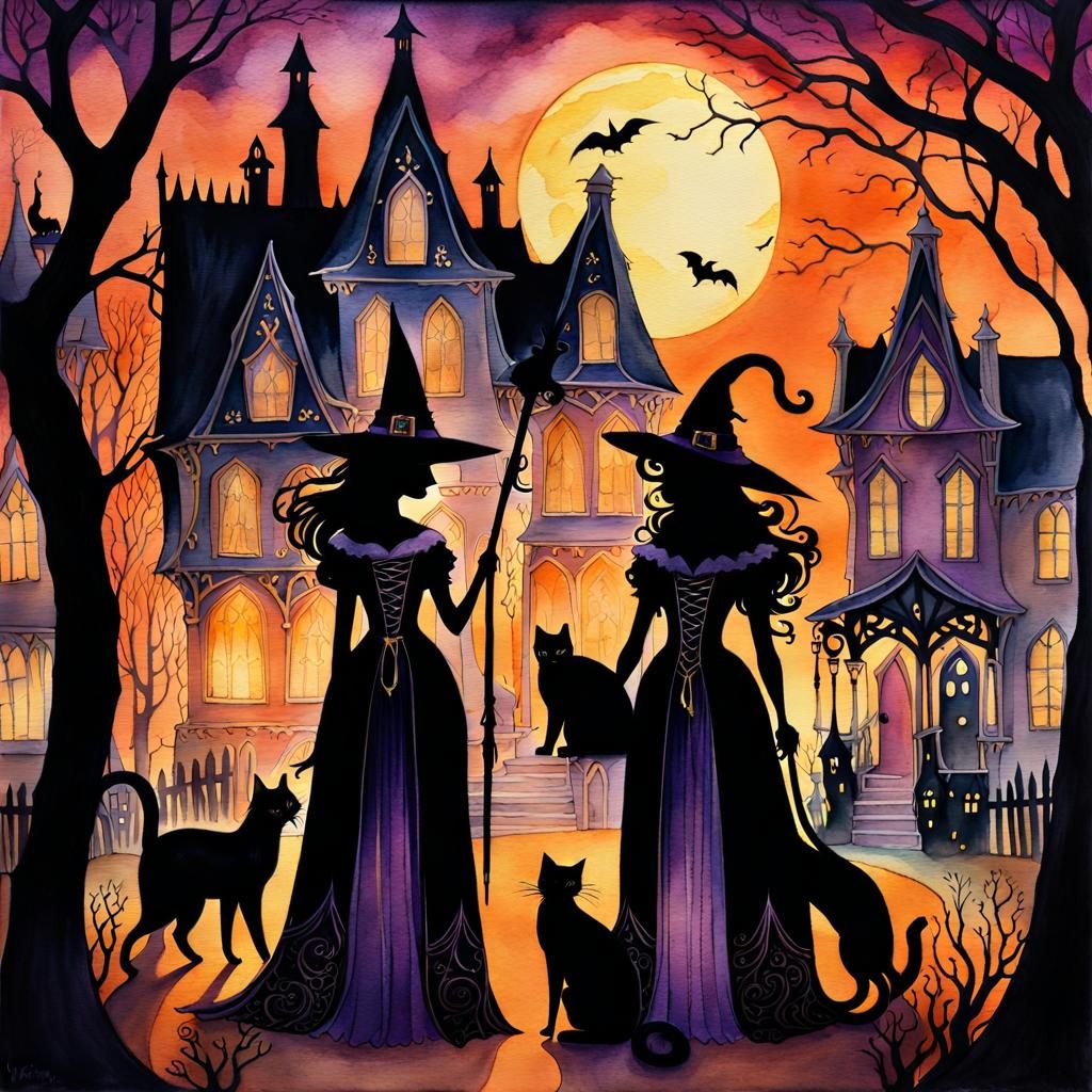 Gothic Witches in Retro Halloween Village: Watercolor Art