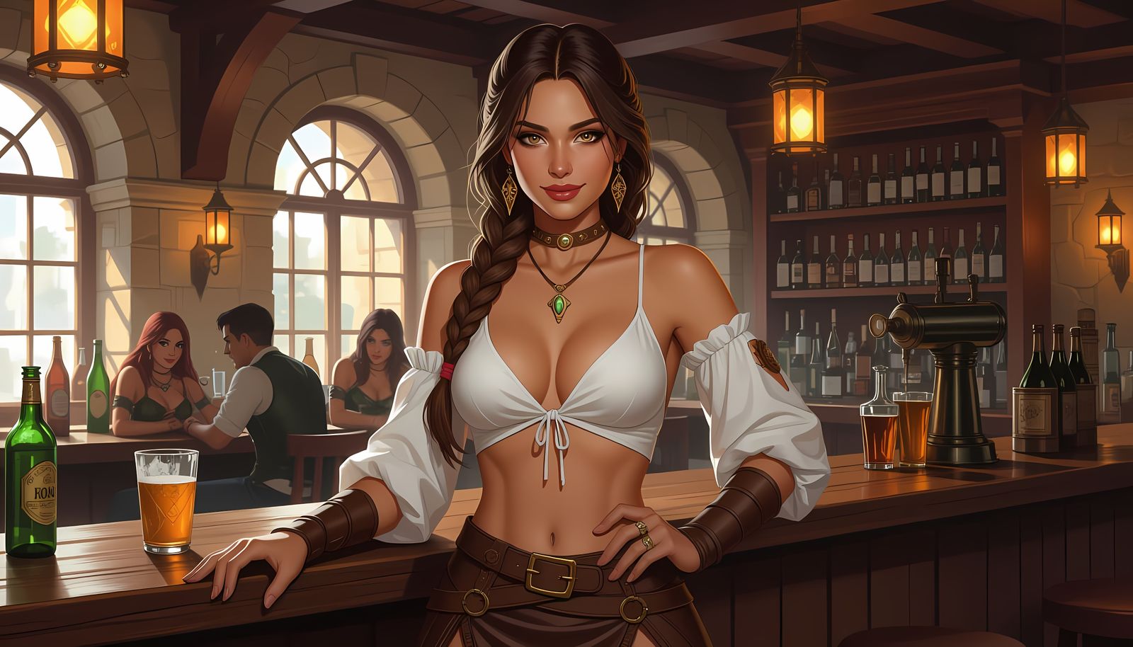 Dark Fantasy Barkeep Woman in Tavern, Franzetta Style