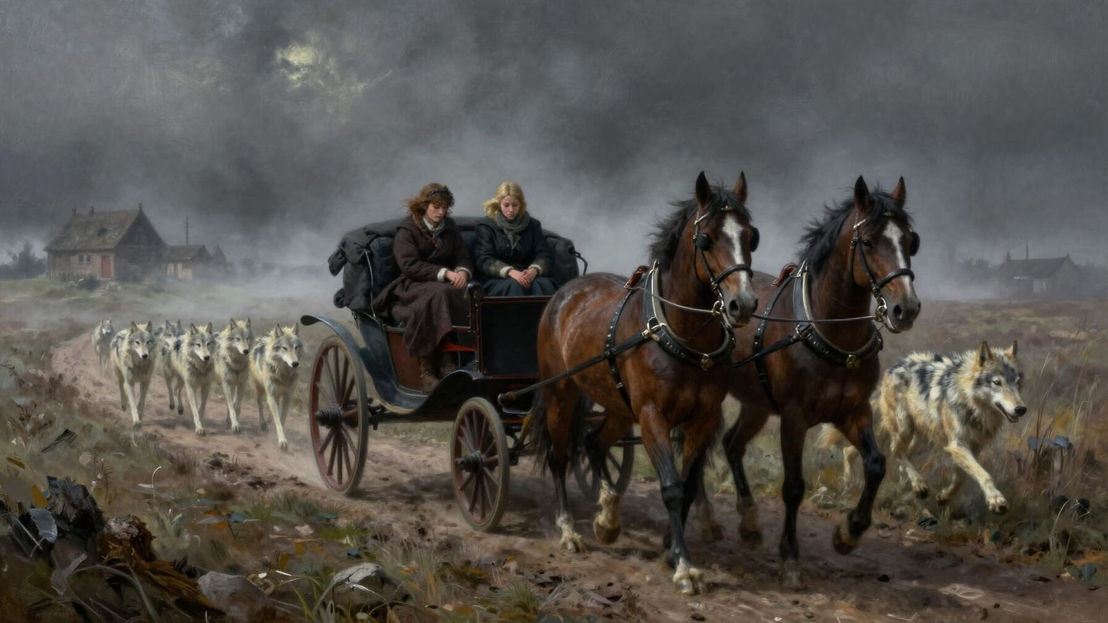 Carriage Pursued by Wolves in Misty Landscape