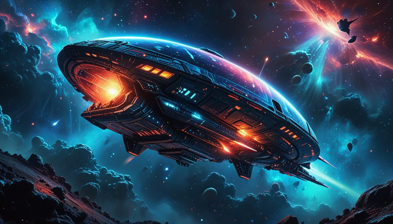 Alien Spaceship in Nebula with Neon Graffiti Art