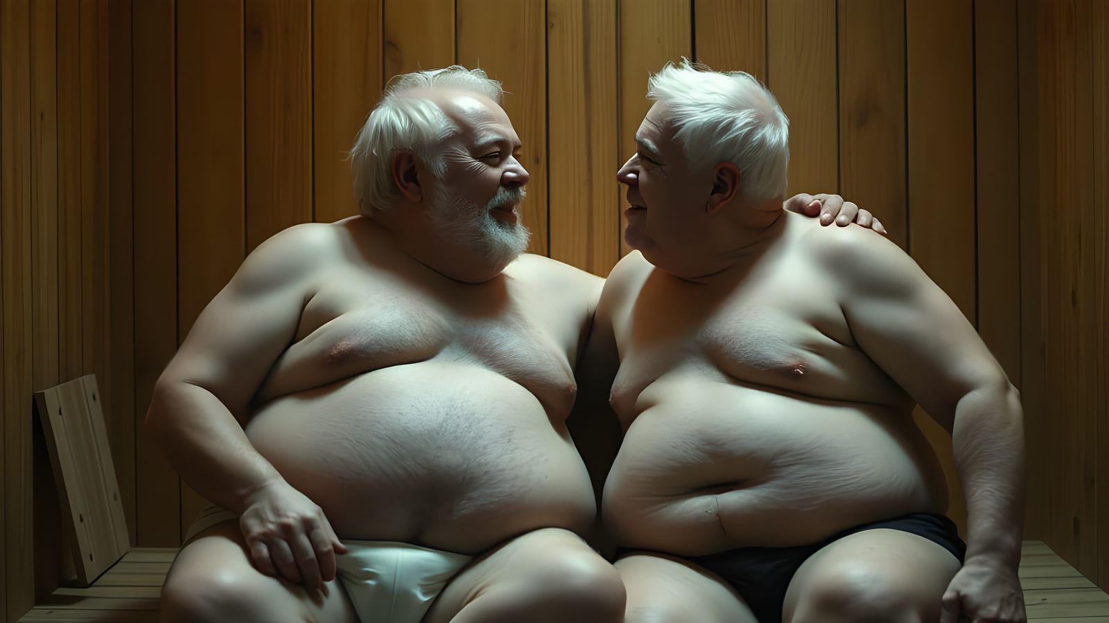 Two chubby grandpas in the sauna.