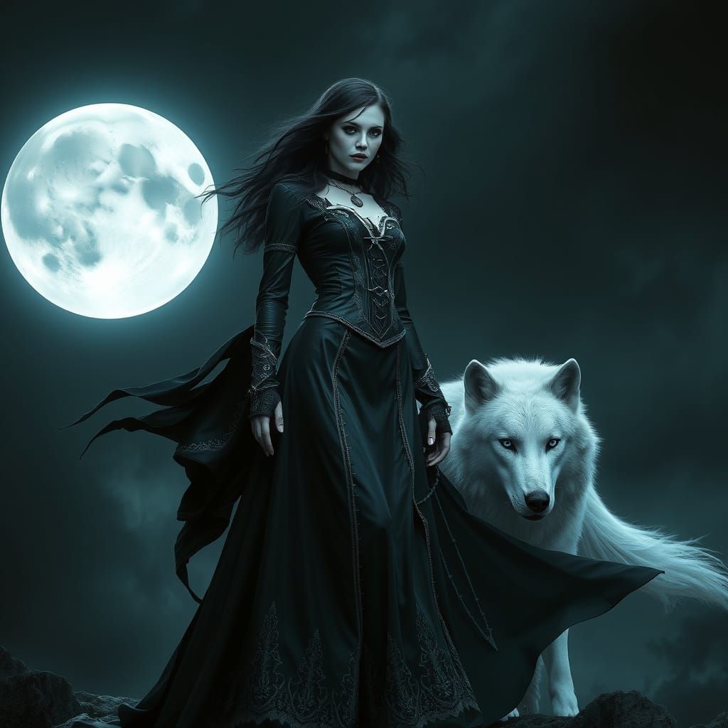Gothic Heroine with Majestic Wolf in Lunar Glow