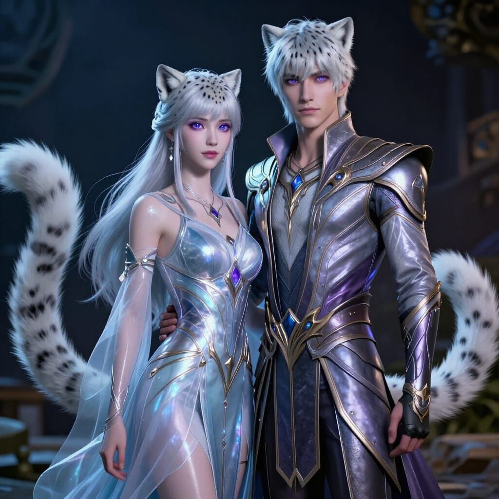 Couple with Snow Leopard Features in Fantasy Night