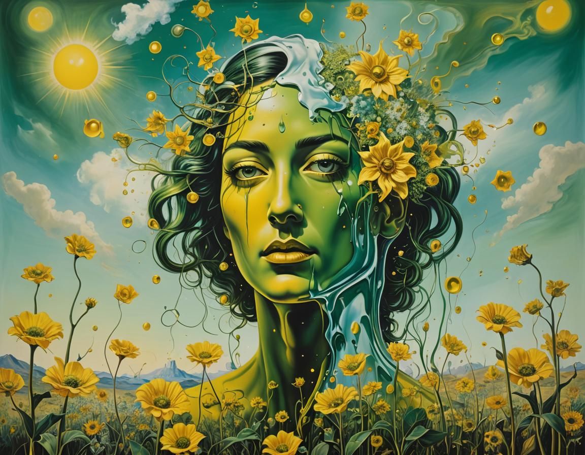Surreal Girl with Cellophane Flowers as Oil Painting