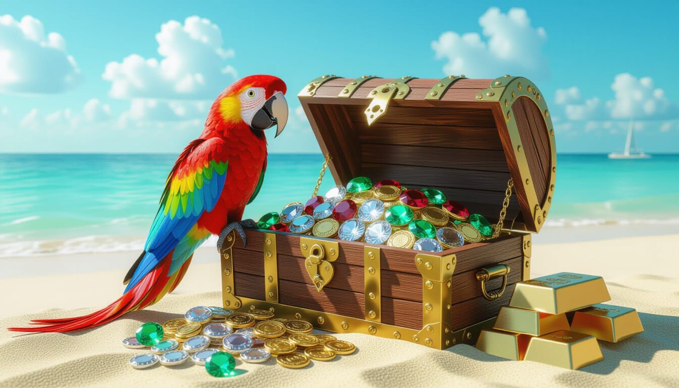 Pirate Treasure Chest with Gem Parrot, Art Nouveau