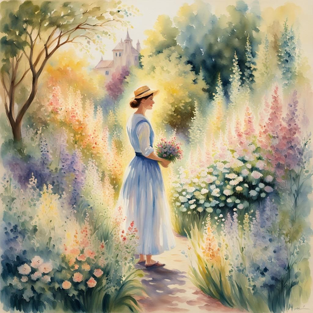 Woman in Garden: Impressionist Watercolor Painting