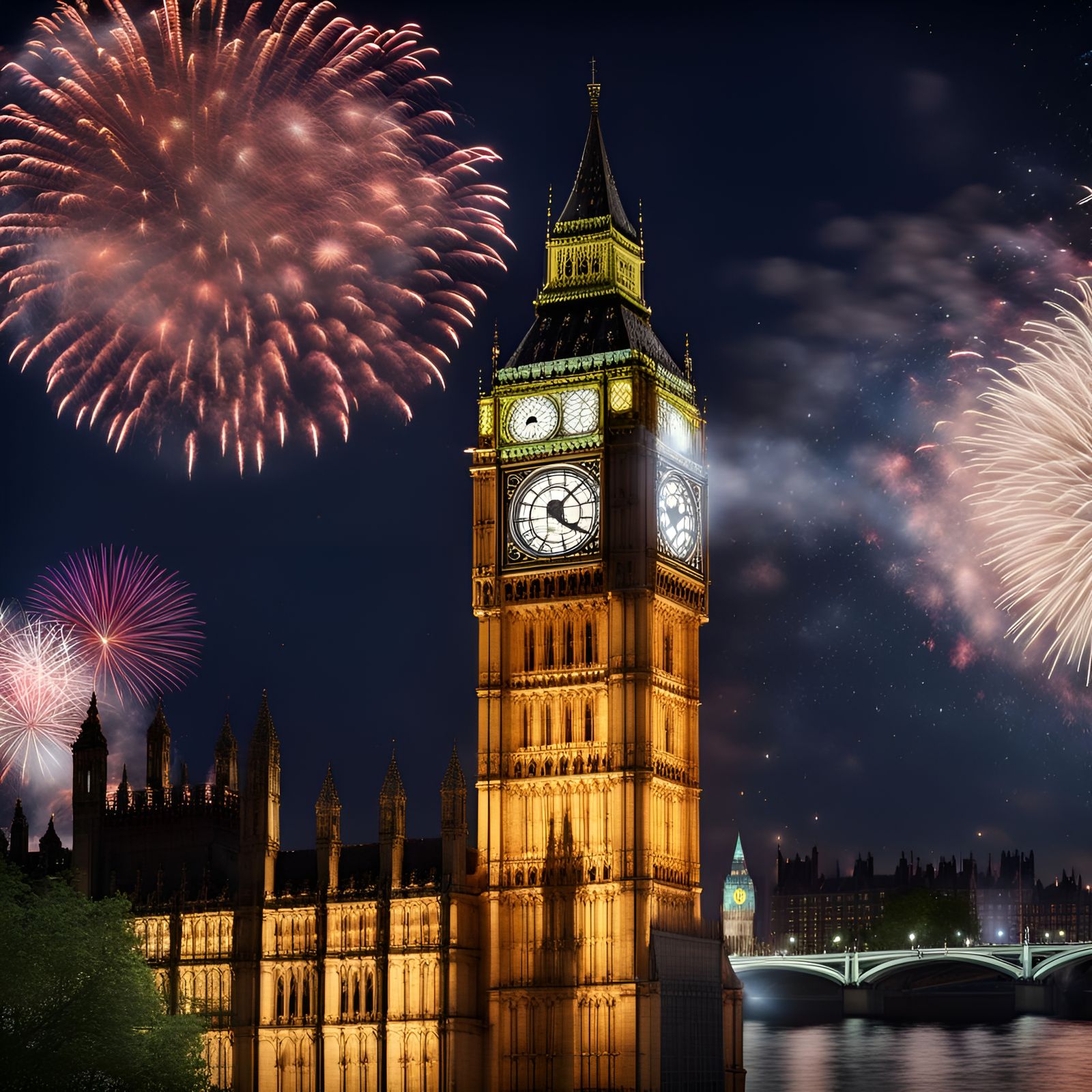 Fireworks Light Up Big Ben with Meteor