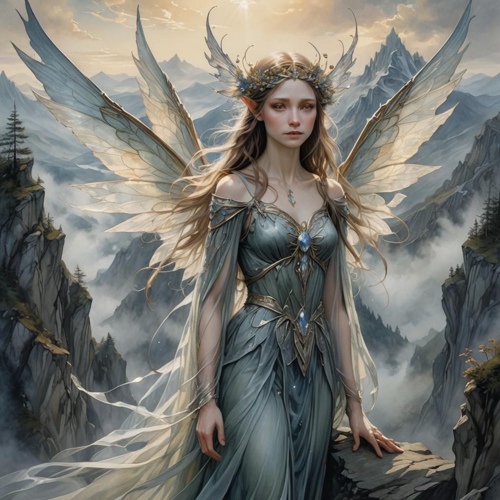 Fantasy Fairy on Mountain Peak in Golden Light