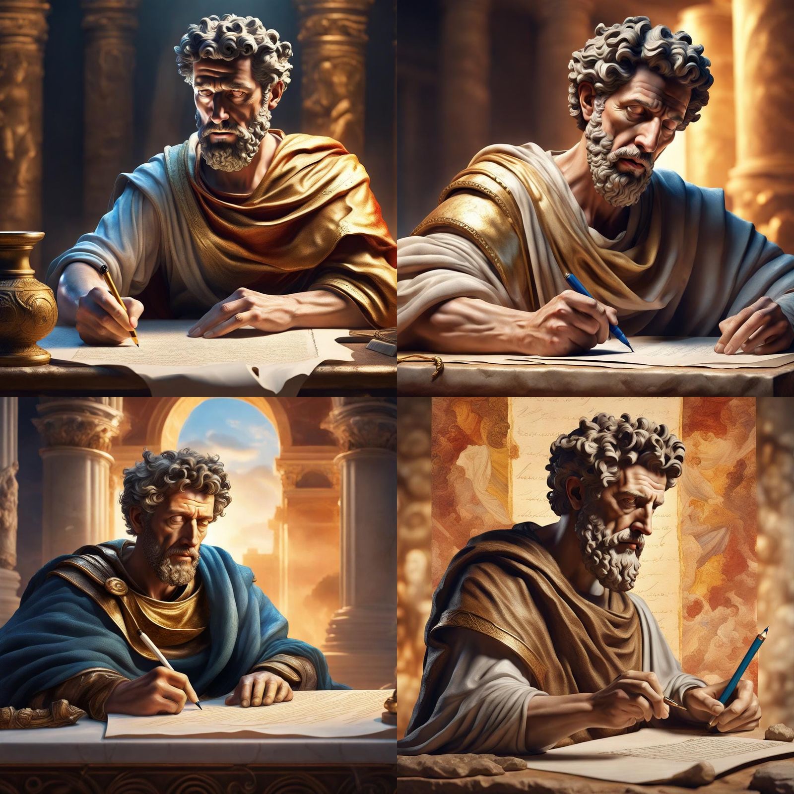 MARCUS AURELIUS writing in a scroll in an ancient Rome