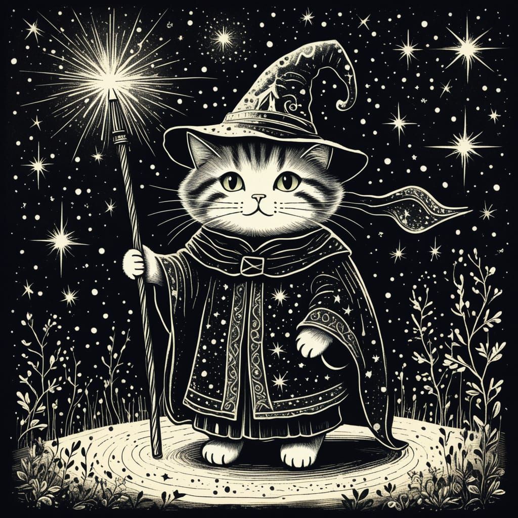 Whimsical Cat Wizard in Vintage Printmaking Style