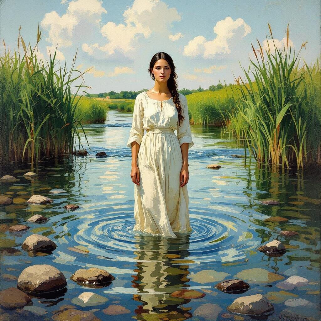 Serene Woman in River, Romanticism Art Style