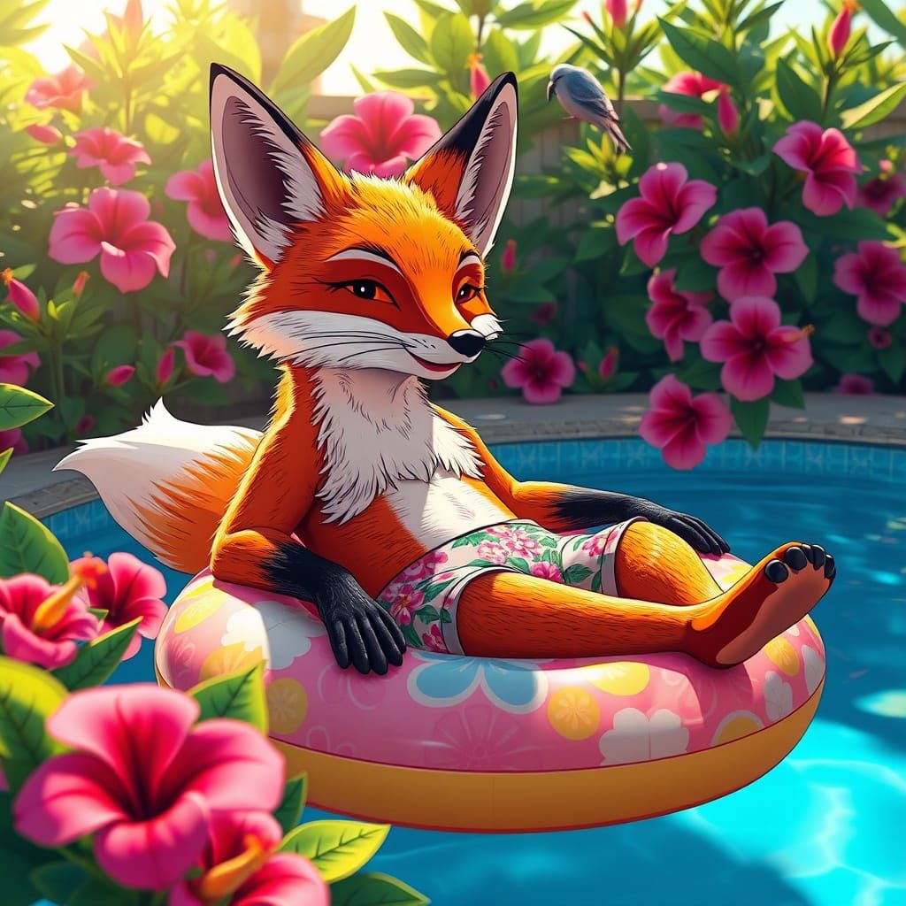 Fox in Hibiscus Garden: Digital Illustration