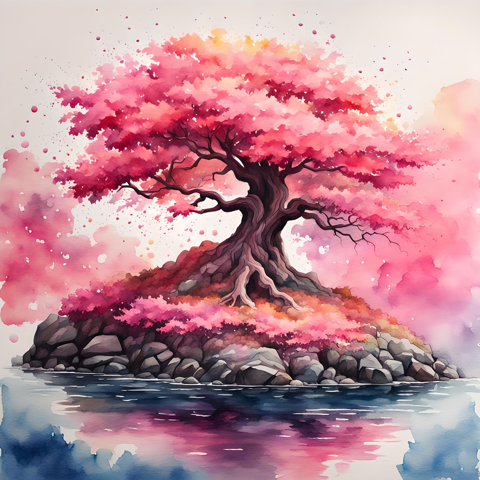 Pink Tree Island: Hyperrealistic Watercolor Splash Art