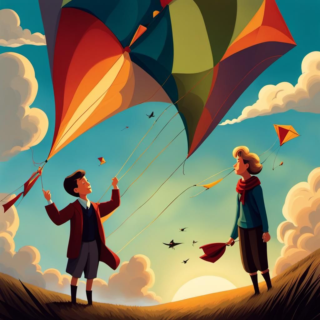 Boy and Woman Flying Kites: Surreal Children's Illustration