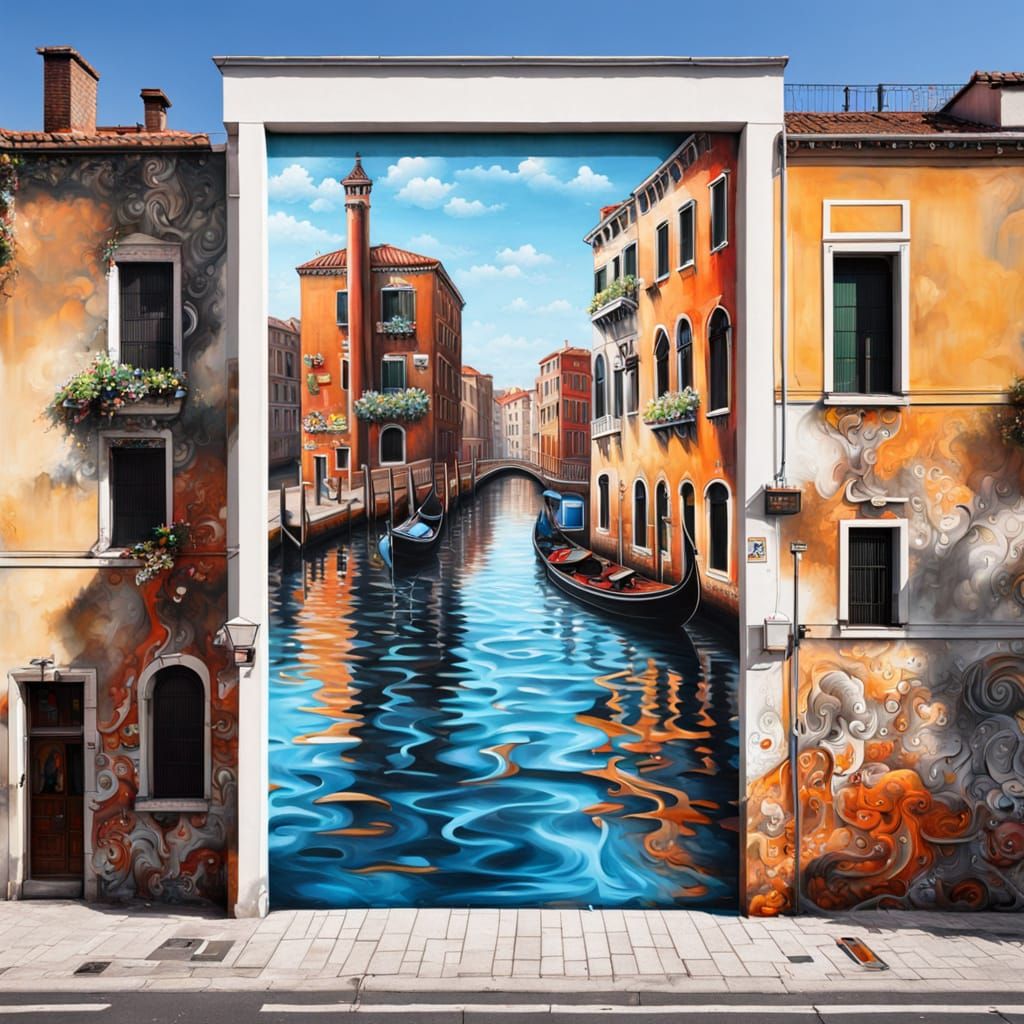 Venice Canal Street Art Mural in Trompe L'Oeil Style