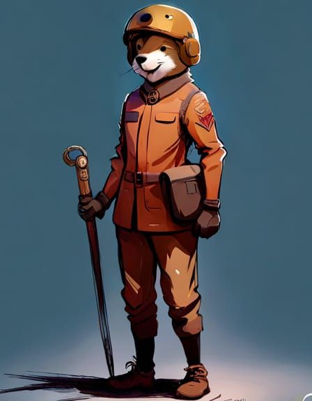 Smiling Gopher in Army Helmet, Detailed Digital Art