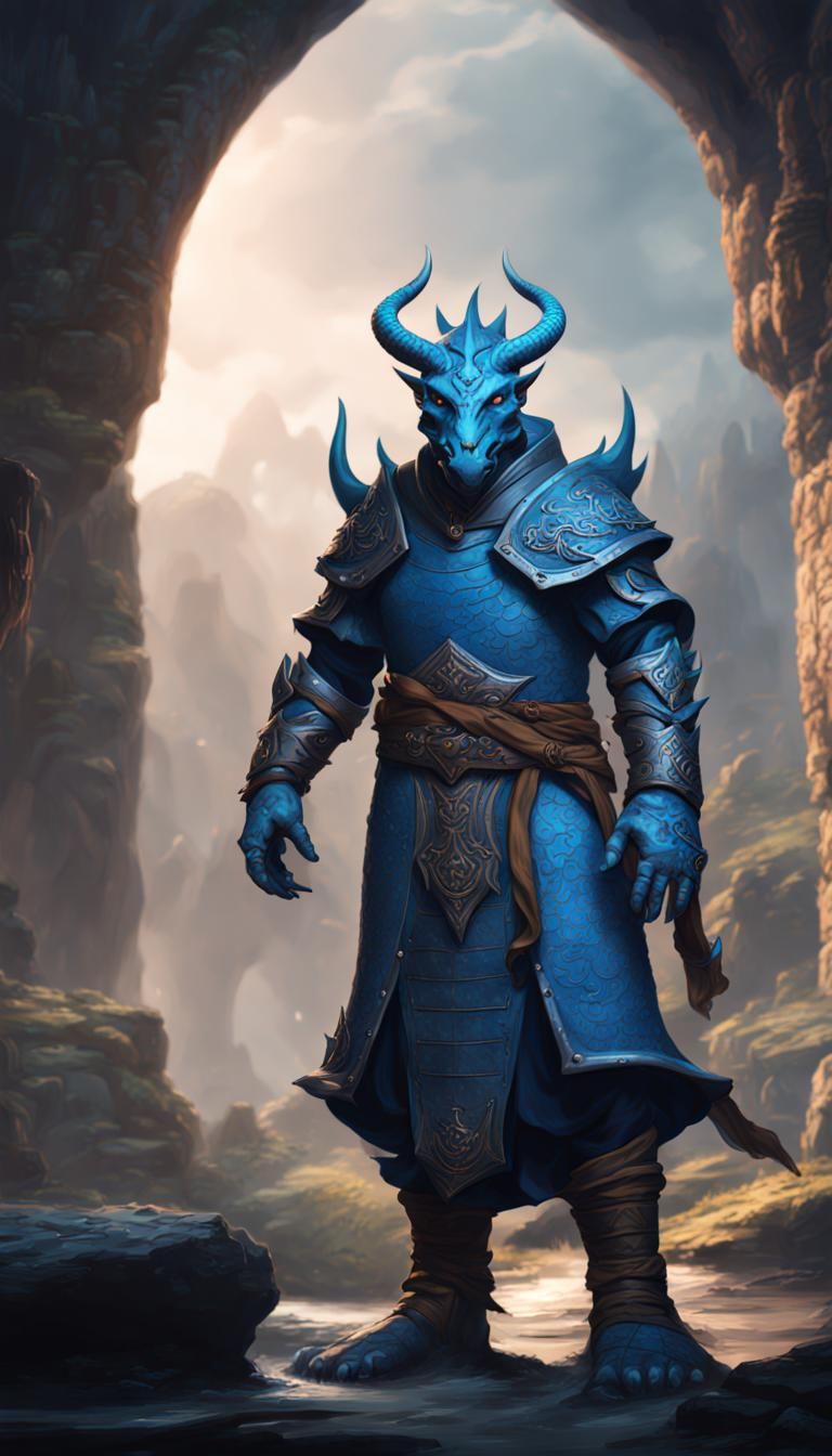 Detailed Blue Dragonborn Monk Fantasy Concept Art