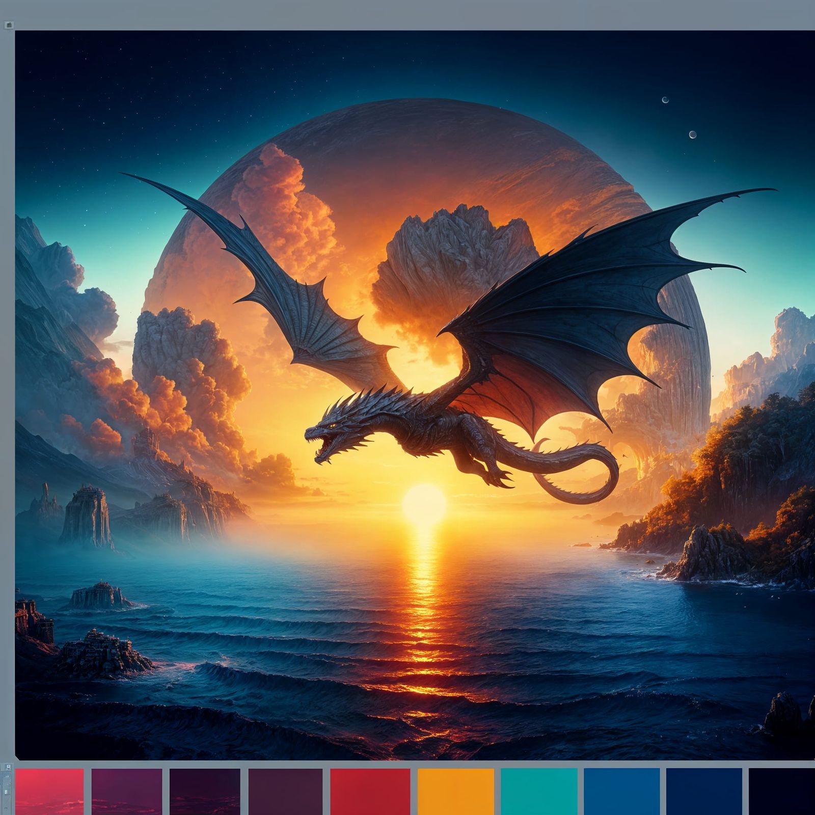 Dragon Soaring Over Sunrise Sea: Fantasy Concept Art