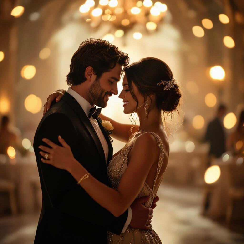 Elegant Couple Dancing in Golden Light, Cinematic Style