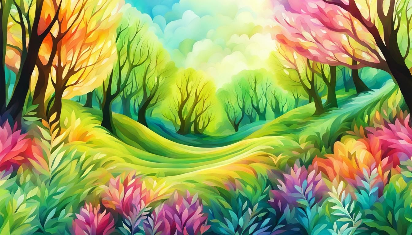 Watercolor Spring Forest Scene with Abstract Fractals