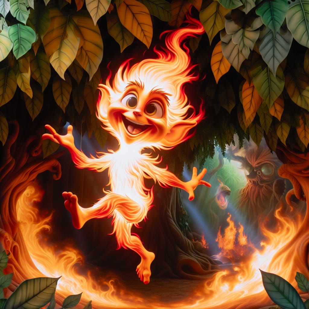 Mischievous Fire Spirit Dances in Fantasy Forest