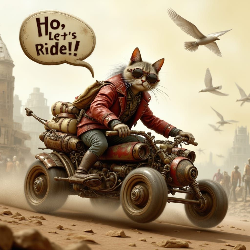 Rugged Cat Rides Post-Apocalyptic Vehicle in Junkyard