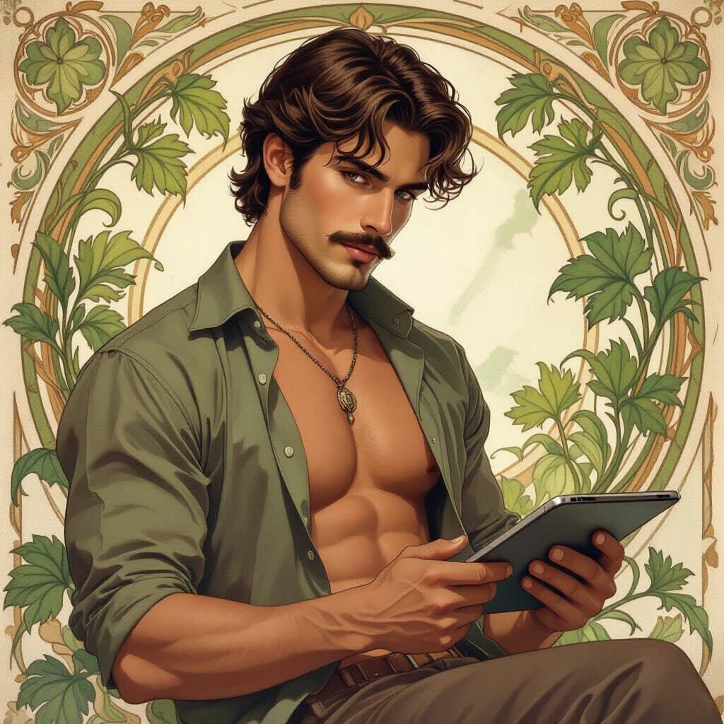 Art Nouveau Man with iPad in Lush Greenery