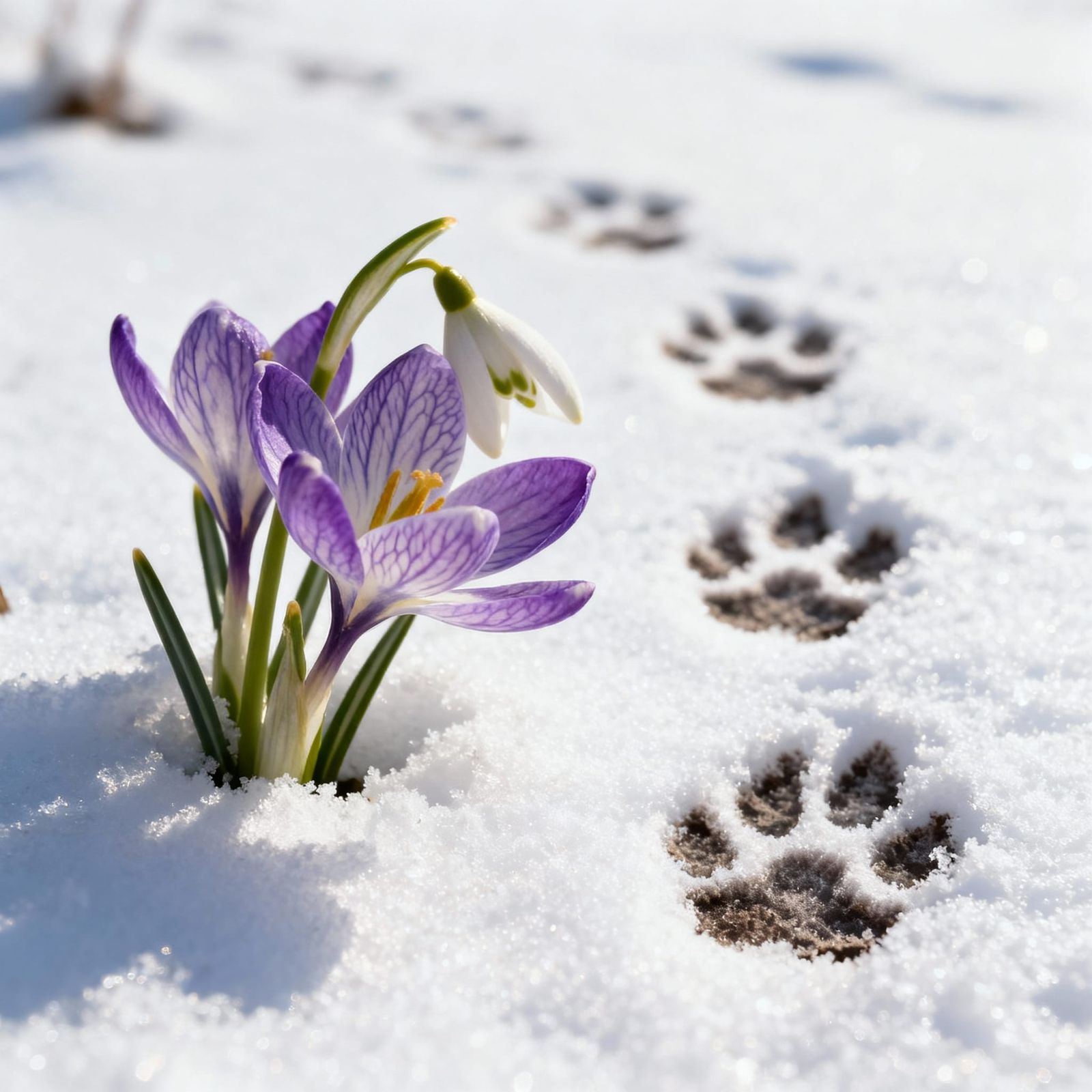 Close-Up Snowdrops and Fox Prints in Winter Sunlight