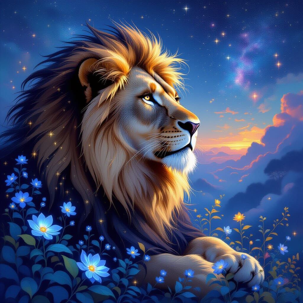 Lion with Stardust Mane over Bioluminescent Field