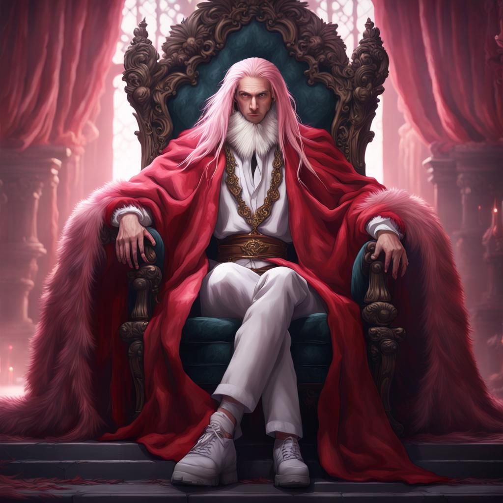 Pink-Haired Man on Throne: Detailed Matte Painting